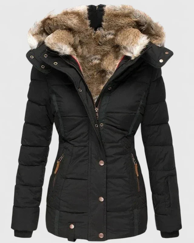 Comfortable women's winter coat with adjustable hood, long and stylish. Ideal warm fall fashion.