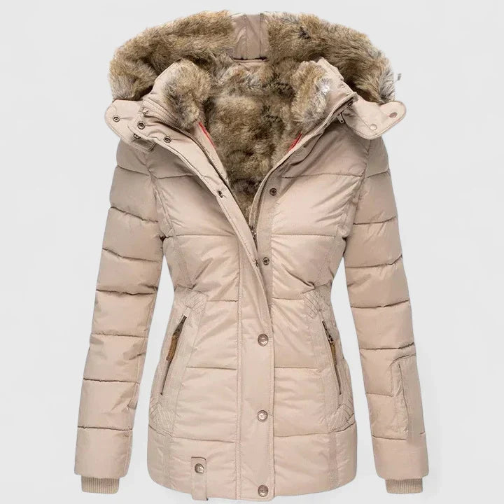 Long women's winter coat with adjustable hood. Stylish, warm & comfortable elegant outerwear.