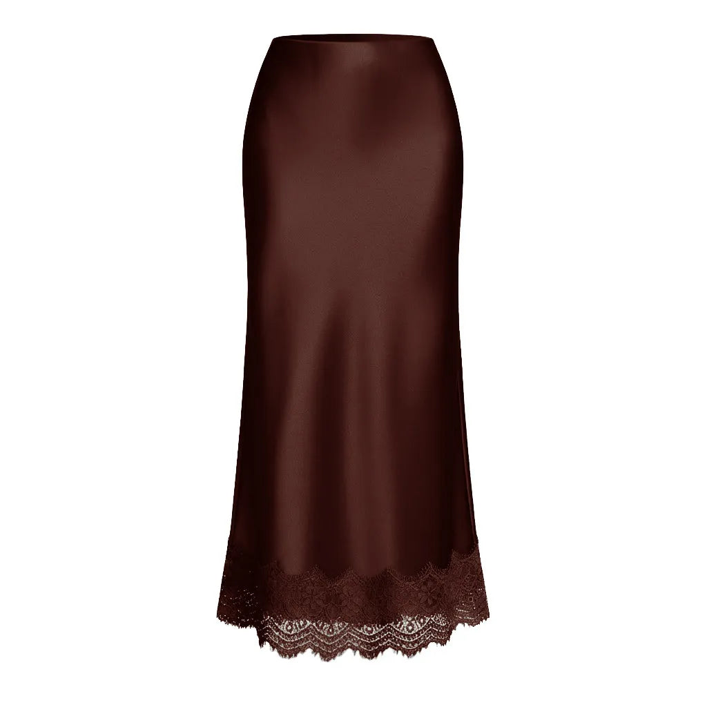 Modest, sophisticated women's maxi skirt with delicate lace hem for formal evening events.