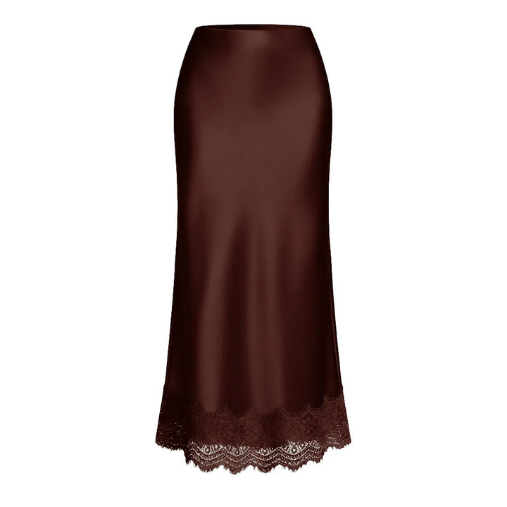 Modest, sophisticated women's maxi skirt with delicate lace hem for formal evening events.