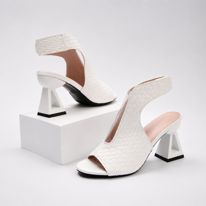 Designer women's fashion heels: metallic weave, open-toe, slingback, and an innovative geometric heel.