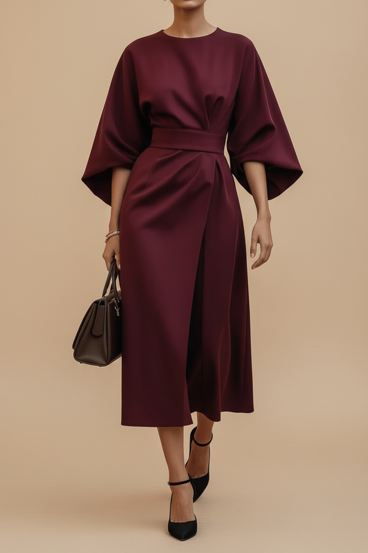 Formal evening wear midi dress for women, with chic lantern sleeves, a flattering and sophisticated choice.