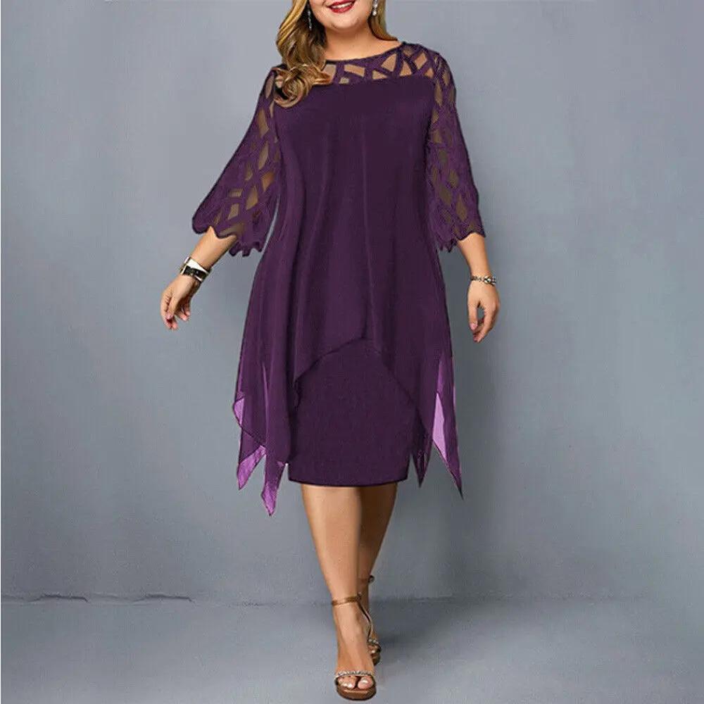 Elegant women's midi dress with delicate lace sleeves & round neck, perfect for special occasions.