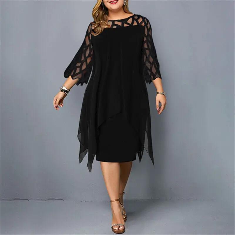 Fashionable women's party midi dress showcasing chic lace sleeves and a classic round neck.