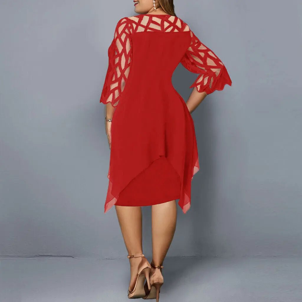 Sophisticated women's midi dress, features stunning lace sleeves and a timeless round neck design.
