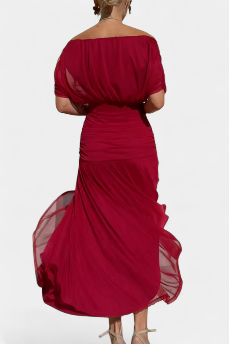 Graceful women's off-shoulder maxi dress, formal wear with a flowing silhouette for elegant parties.