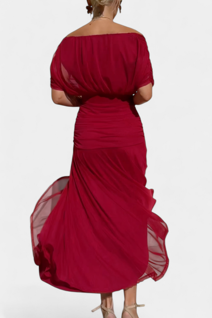 Graceful women's off-shoulder maxi dress, formal wear with a flowing silhouette for elegant parties.