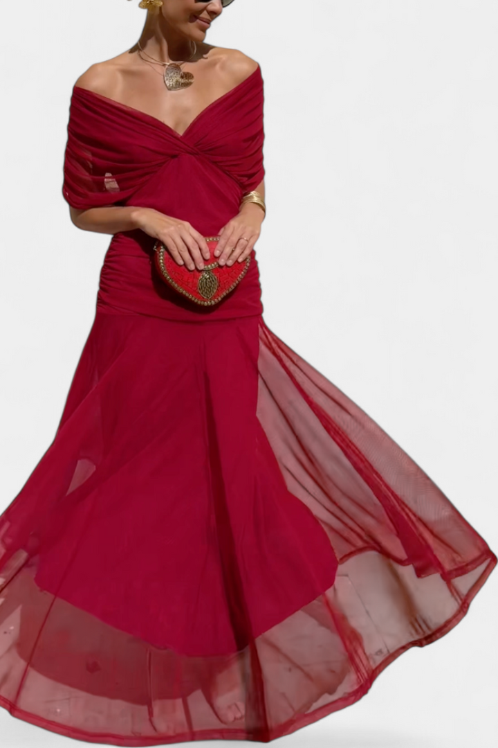 Stunning off-shoulder long dress for women, an elegant maxi gown ideal for special occasion fashion.
