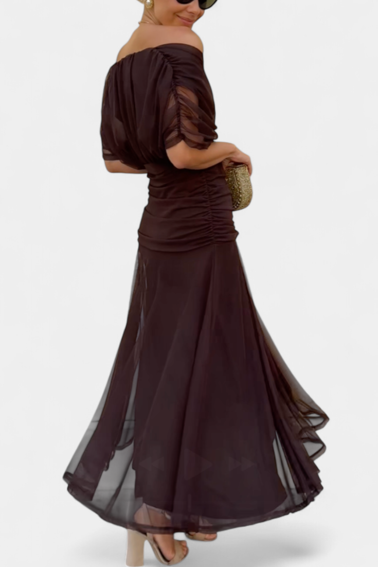 Draped off-shoulder women's maxi dress, long & flowy, designed as elegant formal wear.