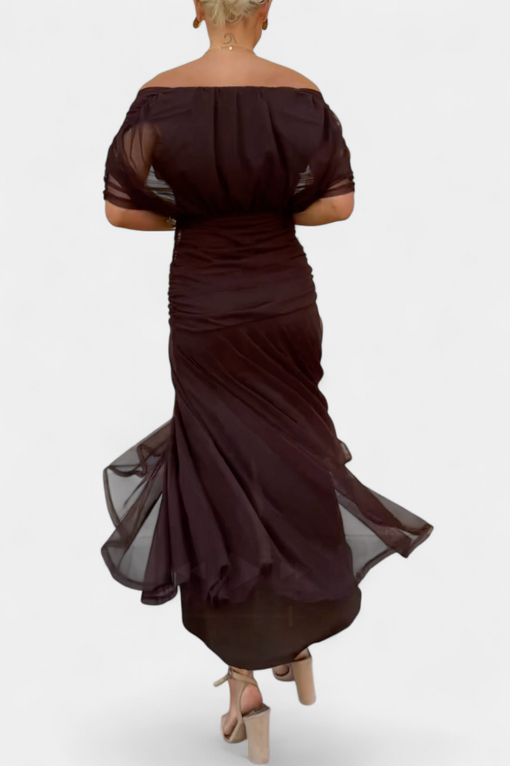 Women's elegant off-shoulder maxi dress, a fit & flare evening gown for formal special occasions.
