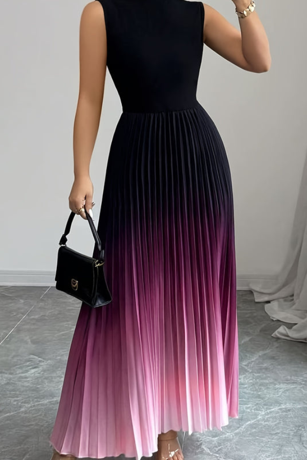 Flowy pleated ombre halter maxi dress for women, ideal for summer vacation, beach, or elegant party wear.