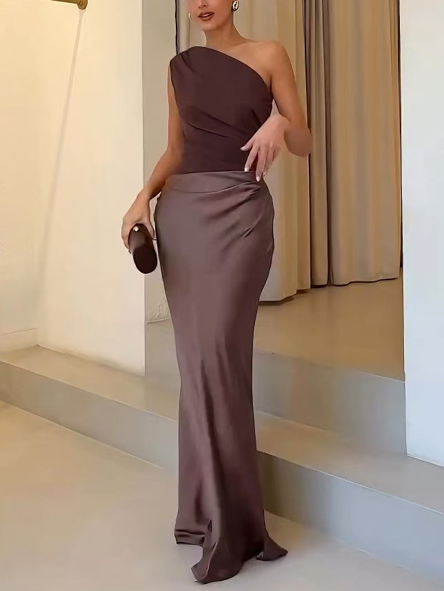 Women's elegant one-shoulder pleated maxi dress. Perfect formal gown for parties, weddings & evening wear.