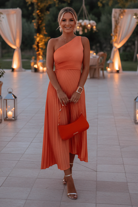 Stunning pink one-shoulder maxi dress. Elegant women's formal gown, perfect for special occasion parties.
