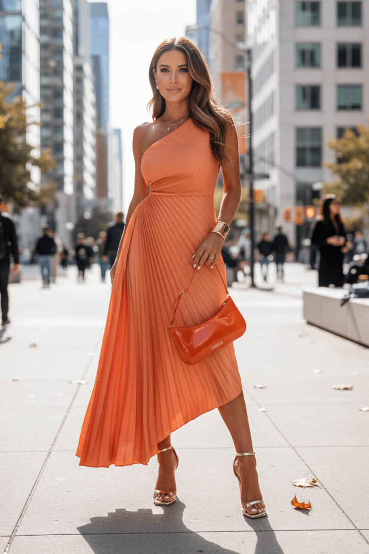Beautiful one-shoulder pink maxi dress for women. Elegant occasion dress, perfect for galas & evening wear.