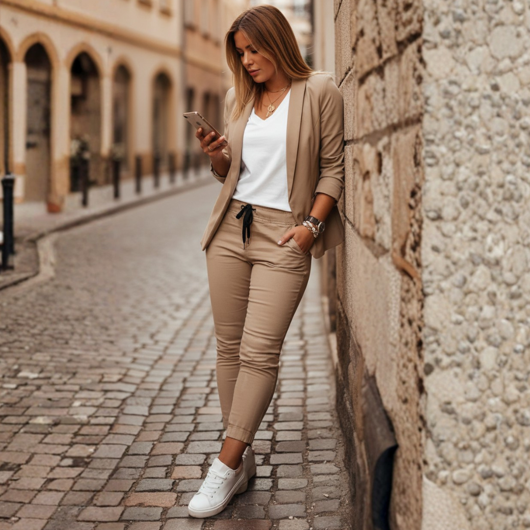 Women's versatile open front blazer and jogger set with ruched sleeves, ideal for modern office wear.