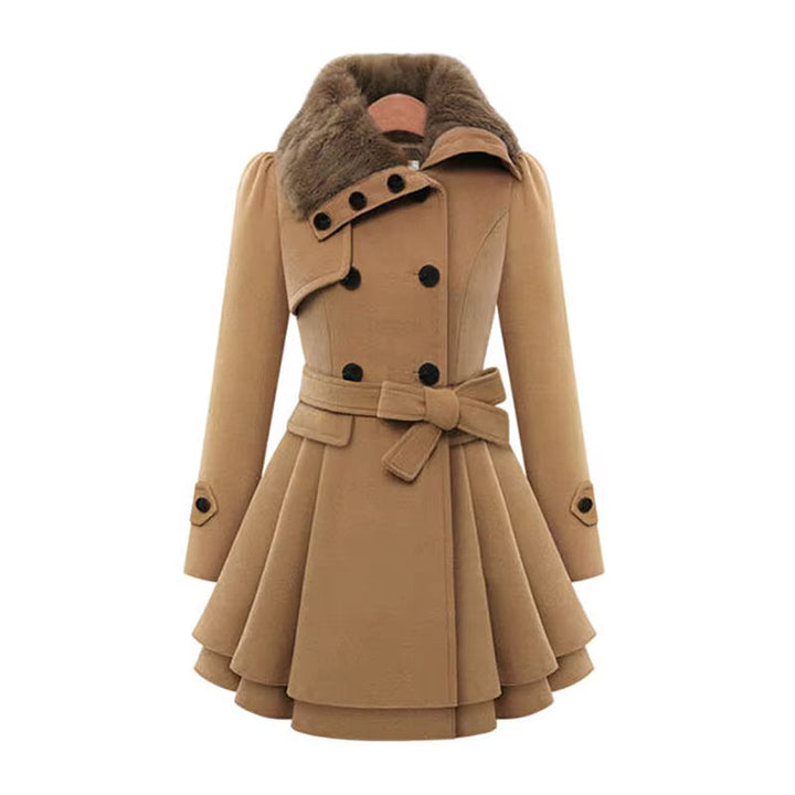 Elegant women's overcoat with a luxurious faux fur collar & stylish layered hem for winter fashion.