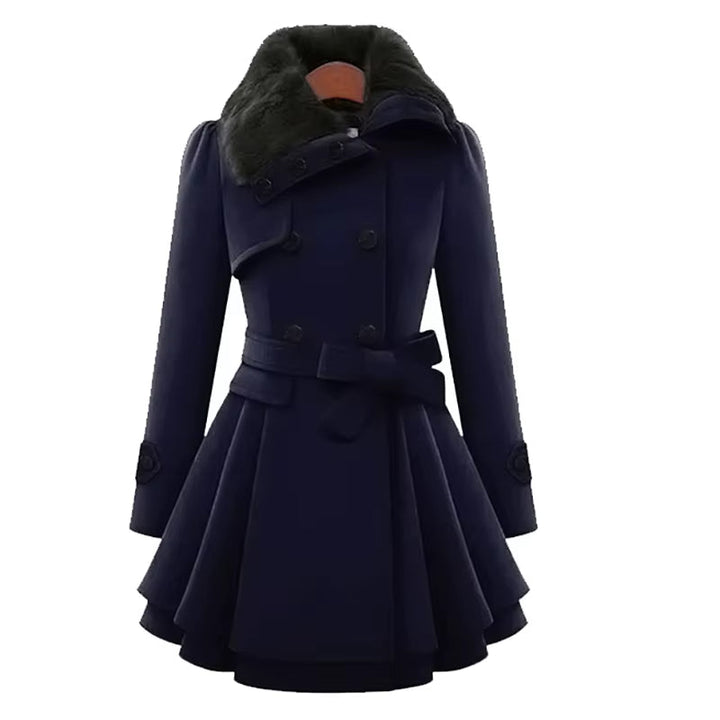 Warm women's outerwear: a timeless overcoat with a faux fur collar, double-breasted front & layered hem.