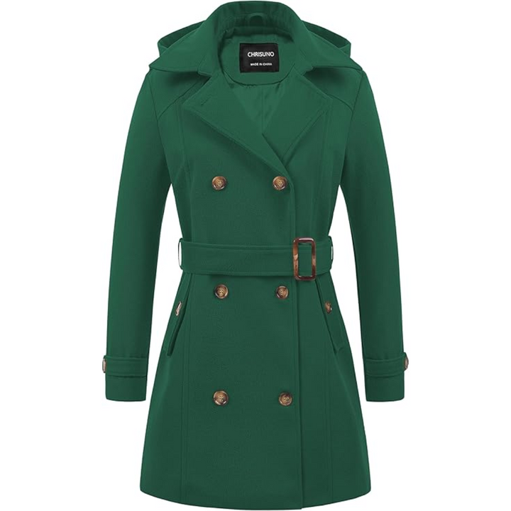 Front view: Women's padded winter trench coat with belt, ideal for elegant ladies fashion.