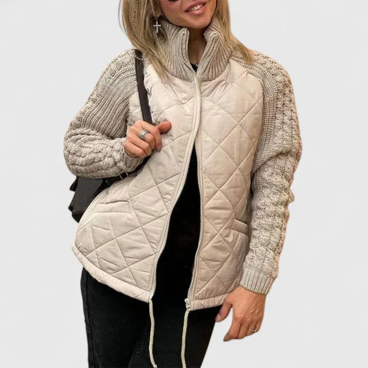 Stylish women's elegant patchwork jacket. Versatile outerwear for casual or modern looks in fall & spring.