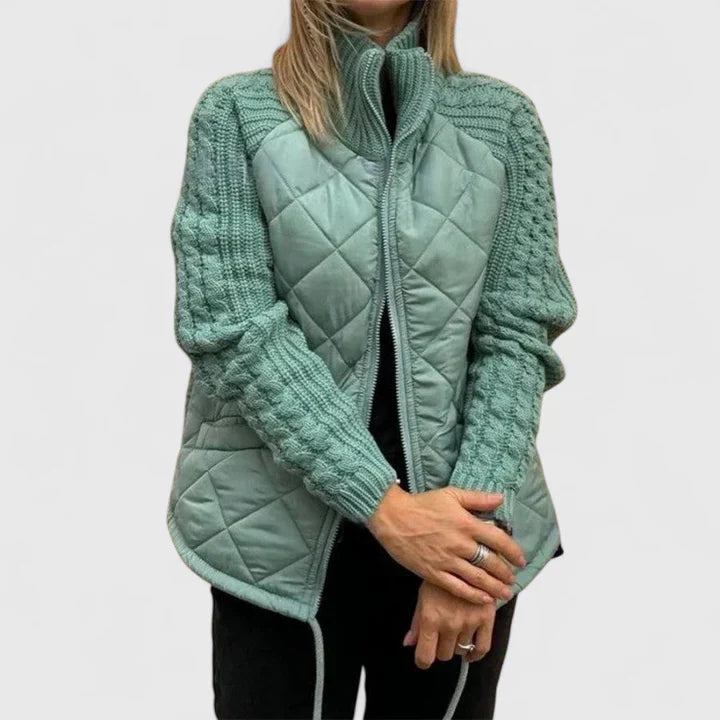 Women's elegant patchwork jacket, stylish outerwear with drawstring. Versatile, lightweight, perfect for fall & spring.