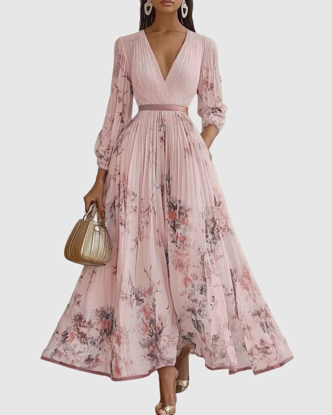 Comfortable long sleeve V-neck maxi dress for women, with elegant pleats & a flattering silhouette.