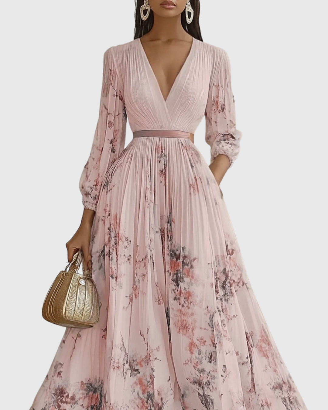 Women's occasion wear: elegant pleated maxi dress with long sleeves, perfect for summer events.
