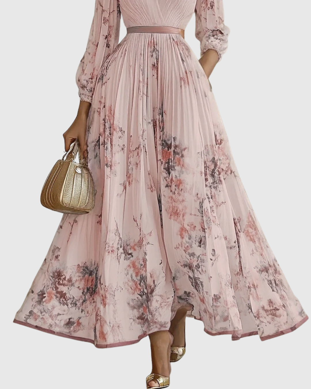 Floral print long sleeve maxi dress, women's elegant pleated design, ideal for spring comfort.