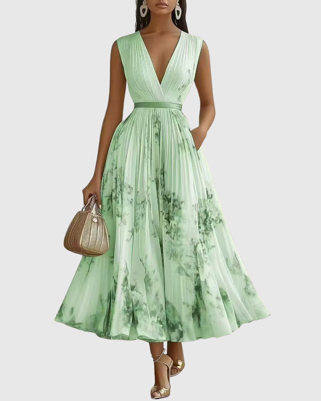 Chic women's long sleeve pleated maxi dress, V-neck, tie waist. Flattering for any season.