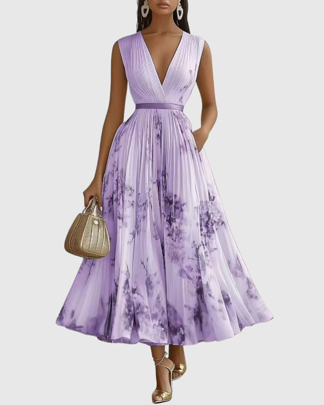 Elegant women's summer maxi dress with long sleeves, pleated texture & beautiful floral pattern.