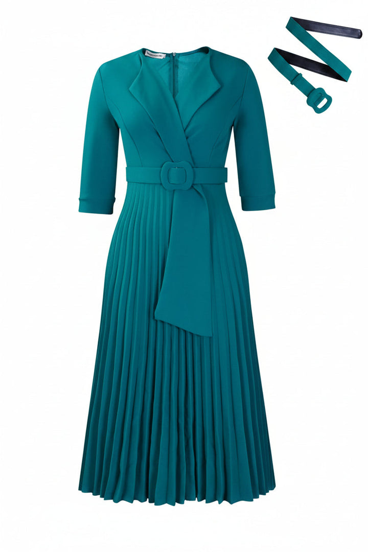 Stylish V-neck pleated midi dress for women, offering effortless elegance for both formal and party wear.