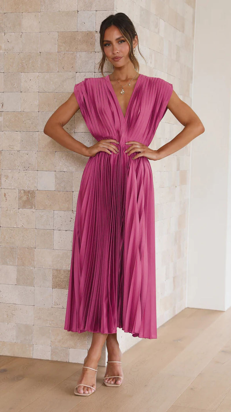 Stylish pleated V-neck midi dress for women, offering elegant comfort for any special occasion.