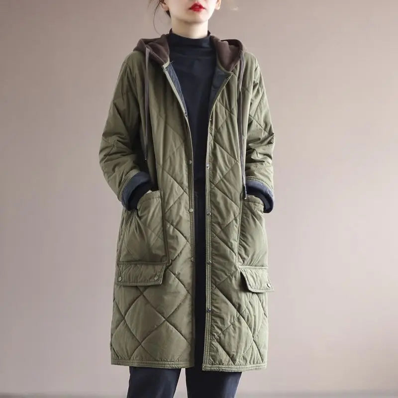 Plus size women's elegant hooded winter coat. Warm single-breasted mid-length fashion outerwear.