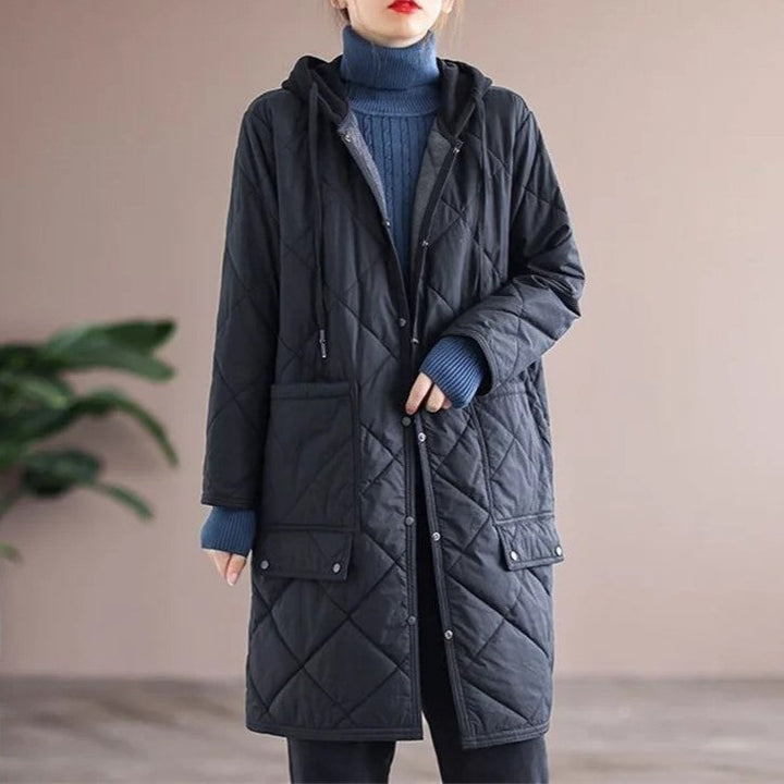Fashionable mid-length plus size hooded coat. Single-breasted elegant women's winter jacket.