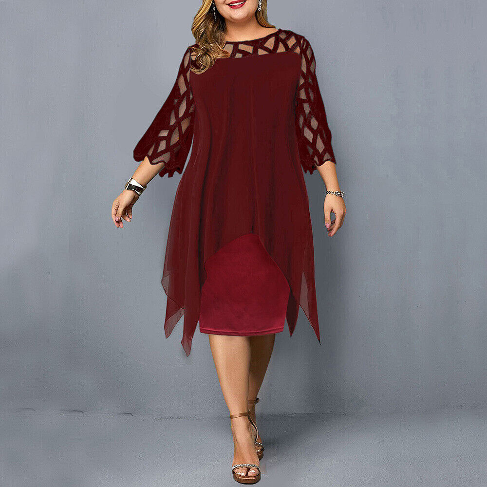 Comfortable & flattering women's plus-size midi dress, featuring elegant lace sleeves and a stylish crew neck.
