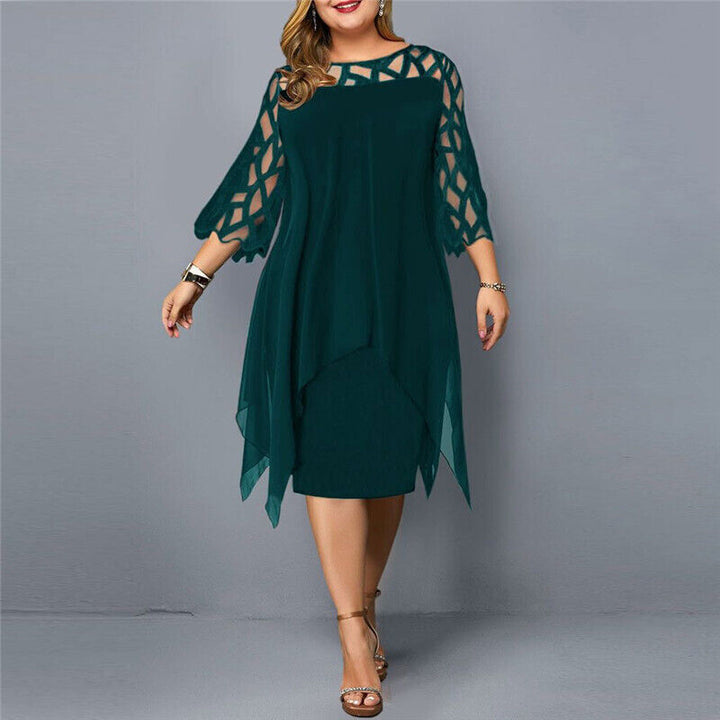 Sophisticated women's plus-size evening dress, a midi style with elegant lace sleeves, perfect for formal occasions.