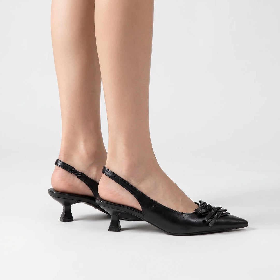 Stylish black pointed toe slingback kitten heels for women, ideal for office attire or elegant evening wear.