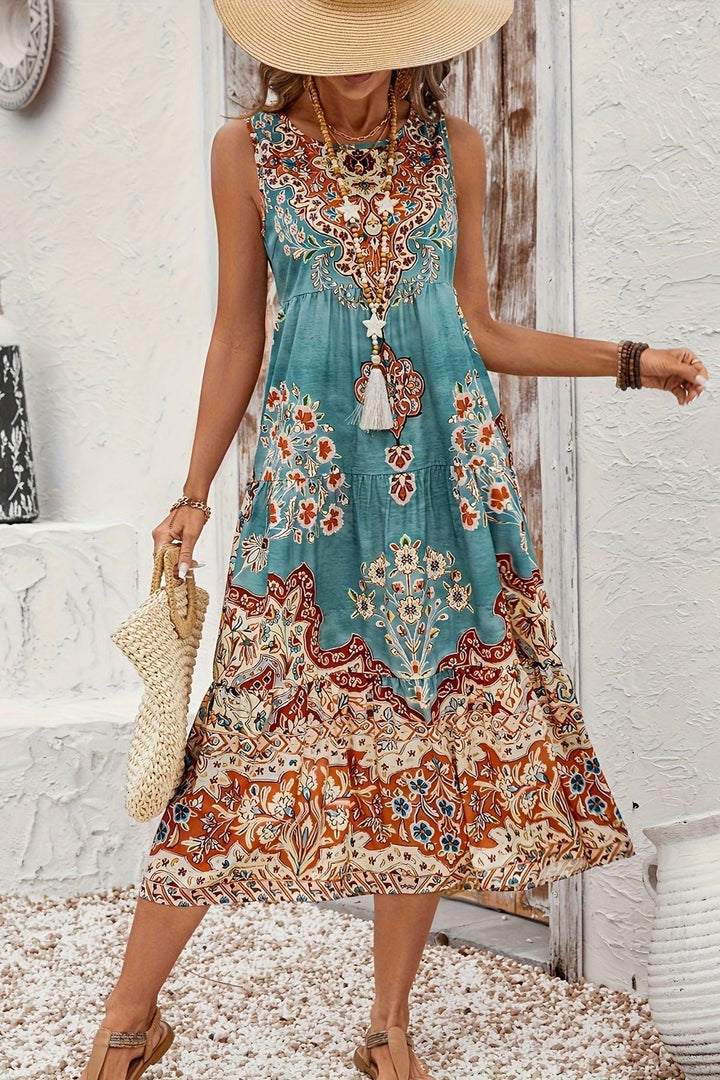 Sophisticated women's elegant maxi dress, featuring a unique print and flattering long design.