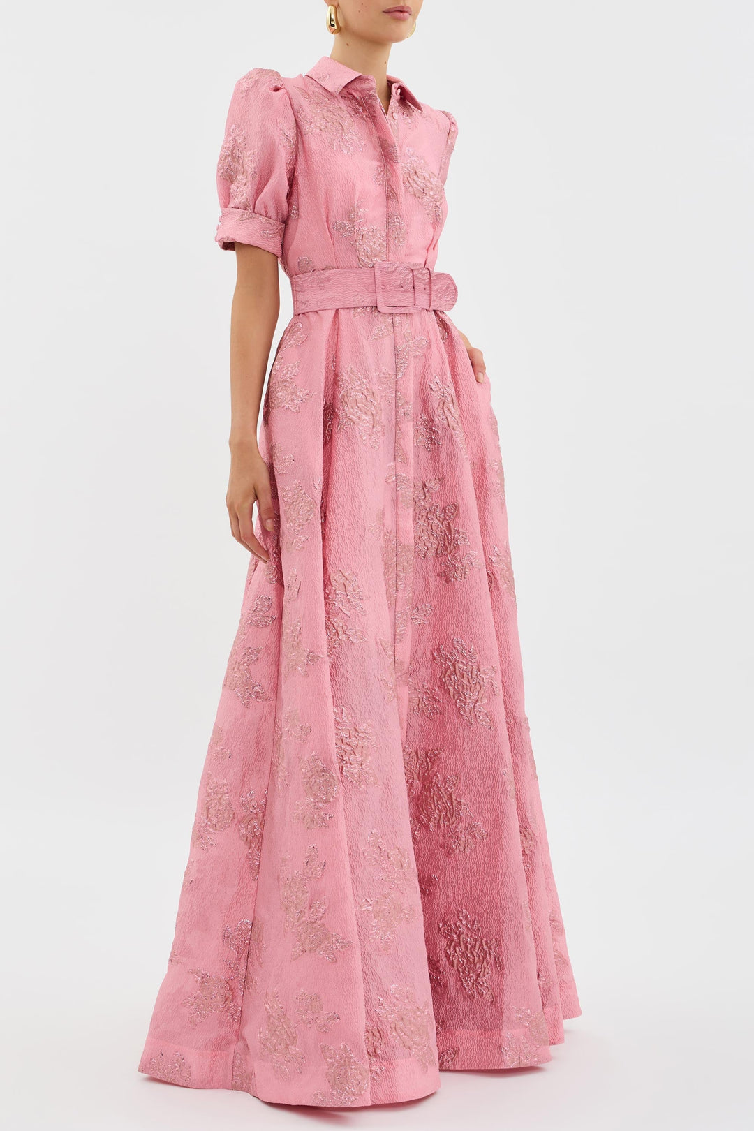Beautiful puff sleeve midi dress for women, ideal as a wedding guest dress or a formal cocktail party outfit. Elegant and stylish.