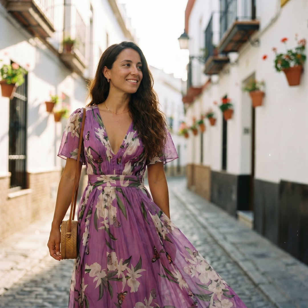 Flowing women's purple floral maxi dress with V-neck, ideal for elegant summer events or casual chic spring fashion.