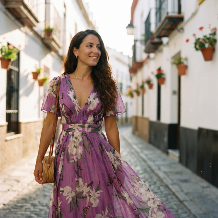 Flowing women's purple floral maxi dress with V-neck, ideal for elegant summer events or casual chic spring fashion.