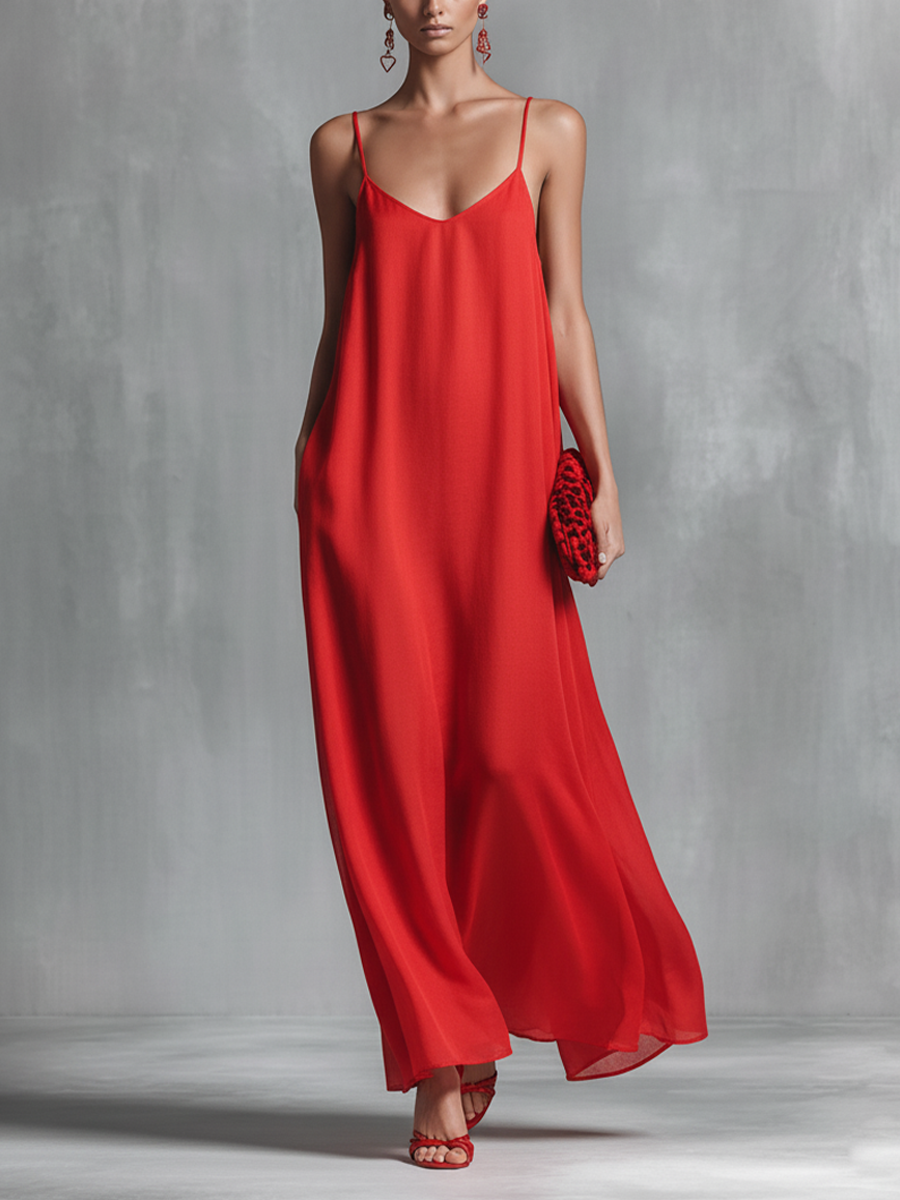 Elegant women's red V-neck spaghetti strap maxi dress, perfect for summer casual or party wear.