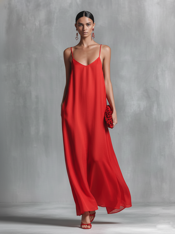 Comfortable red A-line V-neck maxi dress for women, with delicate spaghetti straps for a stylish summer look.
