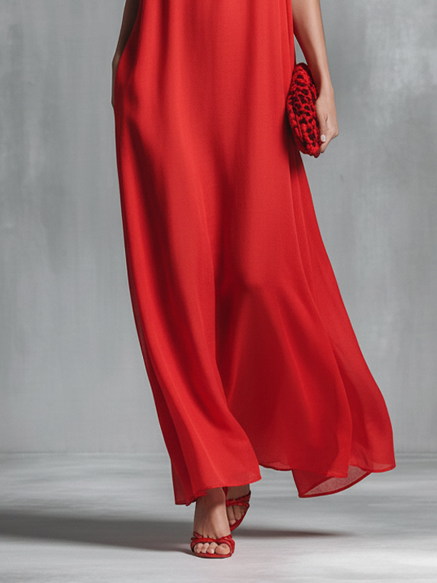 Flowy red V-neck spaghetti strap A-line maxi dress for women, a comfortable and elegant summer party outfit.