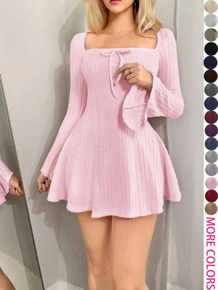 Women's elegant ribbed bodycon midi dress with a square neckline & long sleeves, offering a flattering fit.