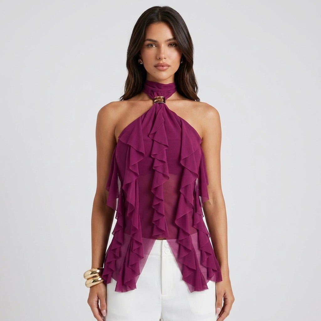 Elegant women's ruffle halter blouse, perfect sleeveless top for formal events.