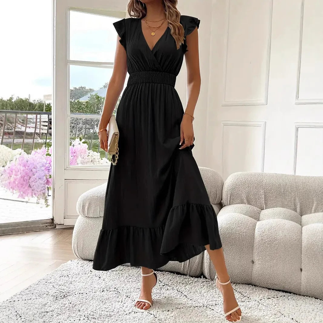 Flowy Ruffle Trim V-Neck Maxi Dress for women, ideal as a comfortable casual or party dress.
