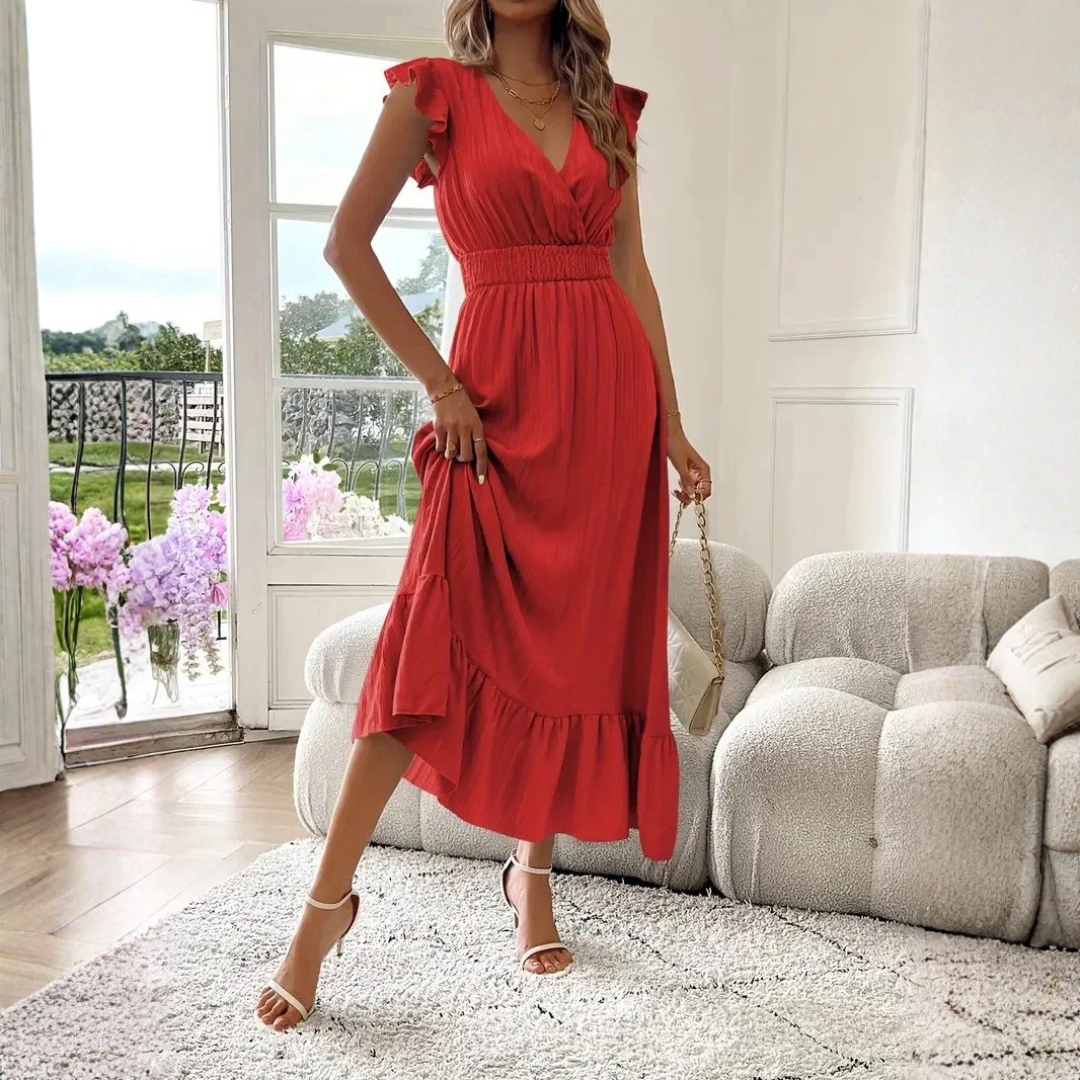 Spring/Summer Women's Maxi Dress, featuring ruffle trim and V-neck for effortless elegant style.
