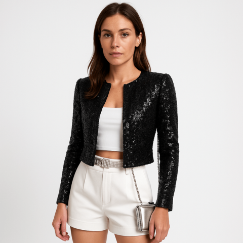 Tailored long sleeve women's sequin cropped blazer, versatile for special occasions & chic fashion.