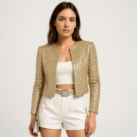 Sparkling women's sequin cropped blazer jacket, a modern & chic long sleeve top for special events.