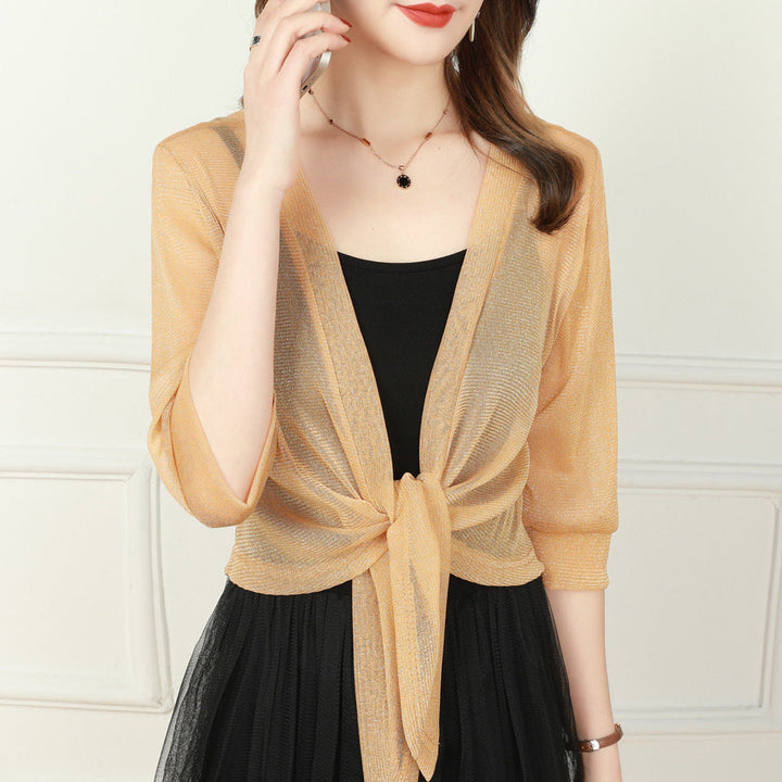 Versatile women's sheer tie-front cropped bolero top, a lightweight half-sleeve fashion blouse.